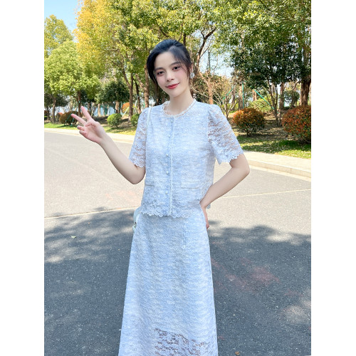小香風連衣裙女2025夏季新款短袖蕾絲鏤空上衣+薄款半身裙兩件套