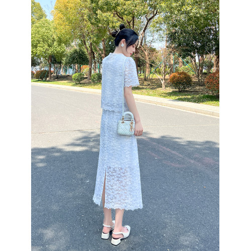 小香風連衣裙女2025夏季新款短袖蕾絲鏤空上衣+薄款半身裙兩件套