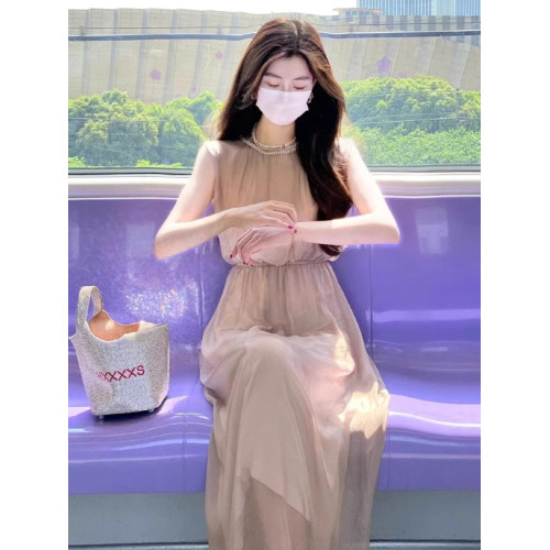 歐洲站2025夏季新款法式高級感絕美長裙無袖背心連衣裙小衆設計感