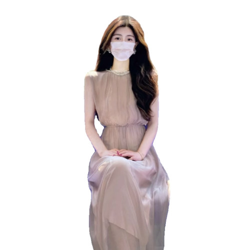 歐洲站2025夏季新款法式高級感絕美長裙無袖背心連衣裙小衆設計感