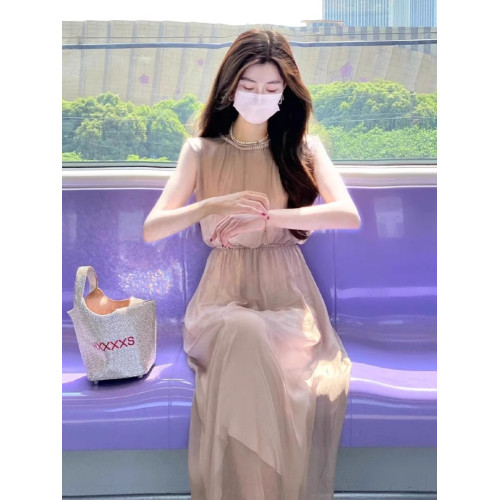 歐洲站2025夏季新款法式高級感絕美長裙無袖背心連衣裙小衆設計感