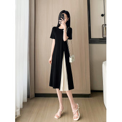 時尚拼接黑色連衣裙女夏季2025新款輕奢高級感氣質中長款a字裙子