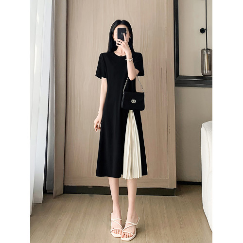 時尚拼接黑色連衣裙女夏季2025新款輕奢高級感氣質中長款a字裙子