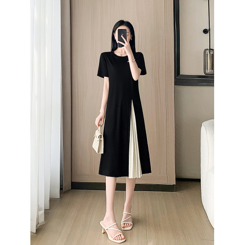 時尚拼接黑色連衣裙女夏季2025新款輕奢高級感氣質中長款a字裙子