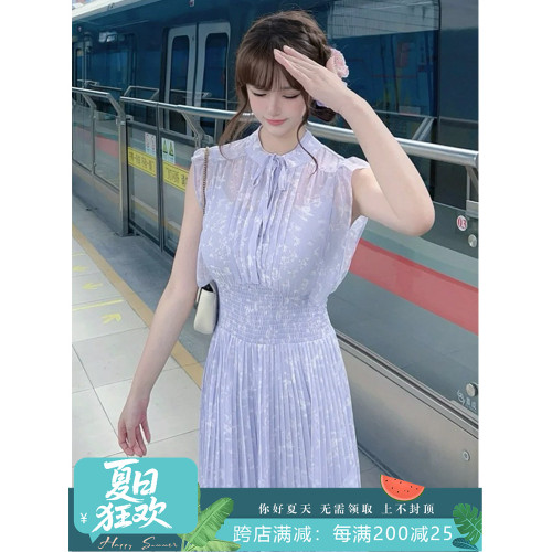 小泡芙日系春夏款女裝時尚甜美小飛袖印花百褶收腰無袖長款連衣裙