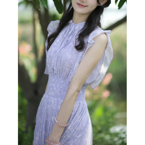 小泡芙日系春夏款女裝時尚甜美小飛袖印花百褶收腰無袖長款連衣裙