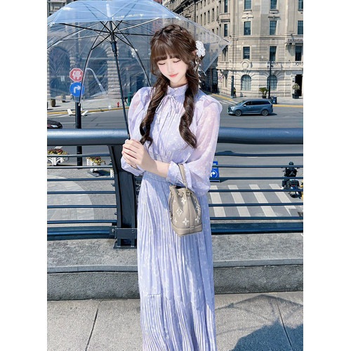 小泡芙日系春夏款女裝時尚甜美小飛袖印花百褶收腰無袖長款連衣裙
