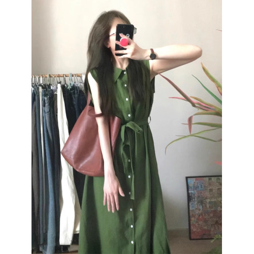 法式綠色無袖POLO領襯衫連衣裙子女簡單大方高級感裙寬松顯瘦夏