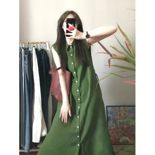 法式綠色無袖POLO領襯衫連衣裙子女簡單大方高級感裙寬松顯瘦夏