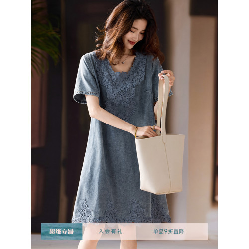 素木氣質蕾絲牛仔連衣裙女2025年夏季寬松裙子歐貨大碼新款女裝潮