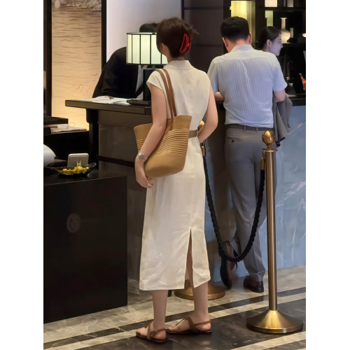 法式氣質白色短袖連衣裙子女夏季2025新款收腰顯瘦開叉長裙子夏裝