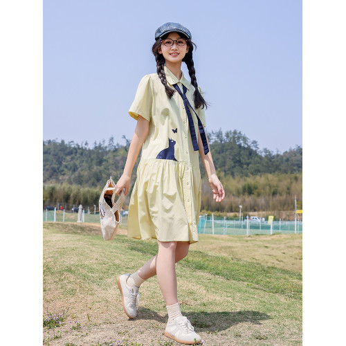初中生連衣裙夏裝2025新款少女寬松洋氣卡通印花高中學生襯衫裙子