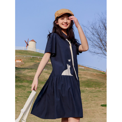 初中生連衣裙夏裝2025新款少女寬松洋氣卡通印花高中學生襯衫裙子