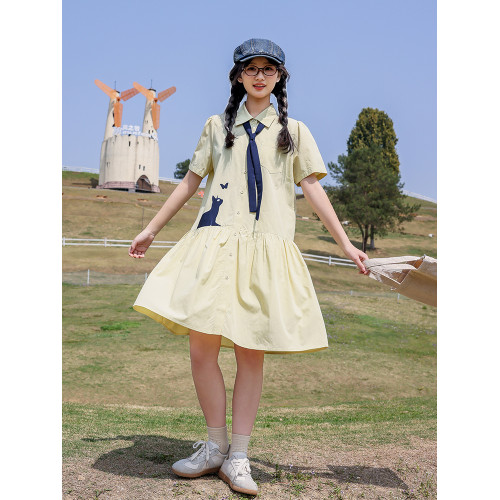 初中生連衣裙夏裝2025新款少女寬松洋氣卡通印花高中學生襯衫裙子