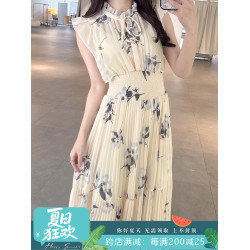 小泡芙日系春夏新款女裝時尚甜美印花小飛袖壓褶收腰長款連衣裙女