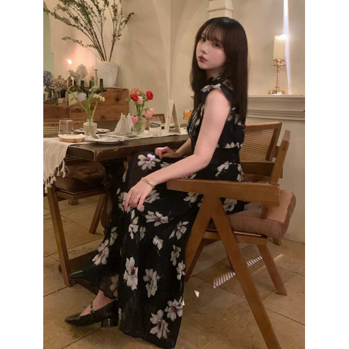小泡芙日系春夏新款女裝時尚甜美印花小飛袖壓褶收腰長款連衣裙女