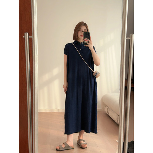 日系藍染牛仔連衣裙 竹節棉polo衫女藏藍翻領落肩寬松短袖T恤上衣
