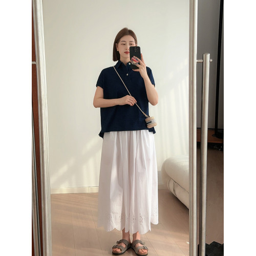 日系藍染牛仔連衣裙 竹節棉polo衫女藏藍翻領落肩寬松短袖T恤上衣