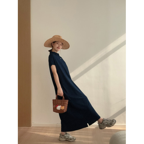 日系藍染牛仔連衣裙 竹節棉polo衫女藏藍翻領落肩寬松短袖T恤上衣