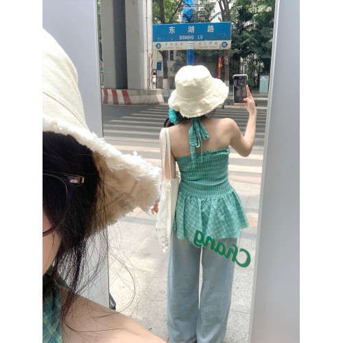 【清倉告別福利】 生梅甜酒 綠色修身掛脖背心女夏格紋收腰連衣裙