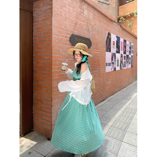 【清倉告別福利】 生梅甜酒 綠色修身掛脖背心女夏格紋收腰連衣裙