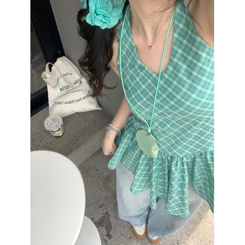 【清倉告別福利】 生梅甜酒 綠色修身掛脖背心女夏格紋收腰連衣裙