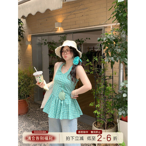 【清倉告別福利】 生梅甜酒 綠色修身掛脖背心女夏格紋收腰連衣裙