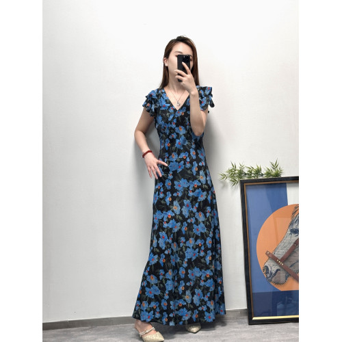 大喜歐洲站歐貨女時尚洋氣百搭v領桑蠶絲斜裁顯瘦真絲印花連衣裙