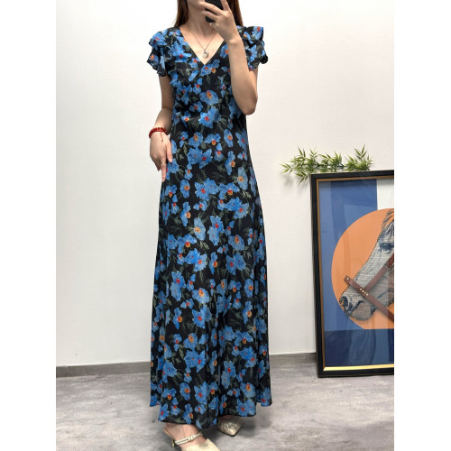 大喜歐洲站歐貨女時尚洋氣百搭v領桑蠶絲斜裁顯瘦真絲印花連衣裙