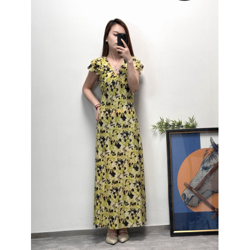 大喜歐洲站歐貨女時尚洋氣百搭v領桑蠶絲斜裁顯瘦真絲印花連衣裙