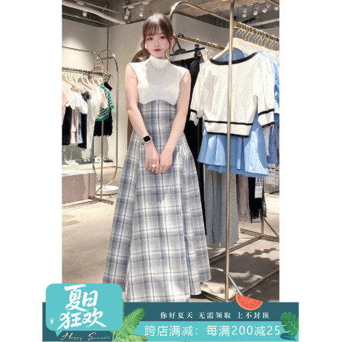 小泡芙日系春夏新款女裝時尚拼接無袖圓領格紋背心長款連衣裙女