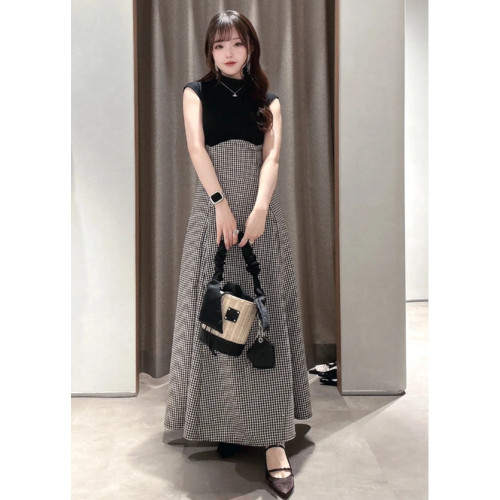小泡芙日系春夏新款女裝時尚拼接無袖圓領格紋背心長款連衣裙女