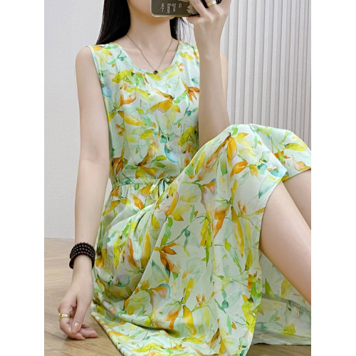 新夏季海邊碎花吊帶棉綢連衣裙2025女收腰高級感外穿無袖背心長裙