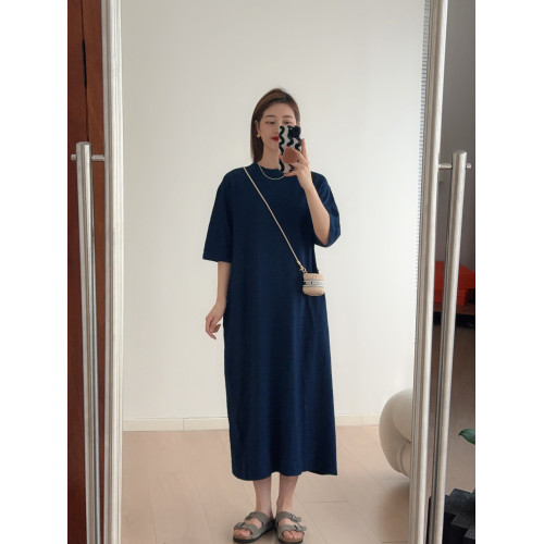 日系貴牌 經典刺綉 竹節棉圓領寬松牛仔藍連衣裙夏粉色懶人T恤裙