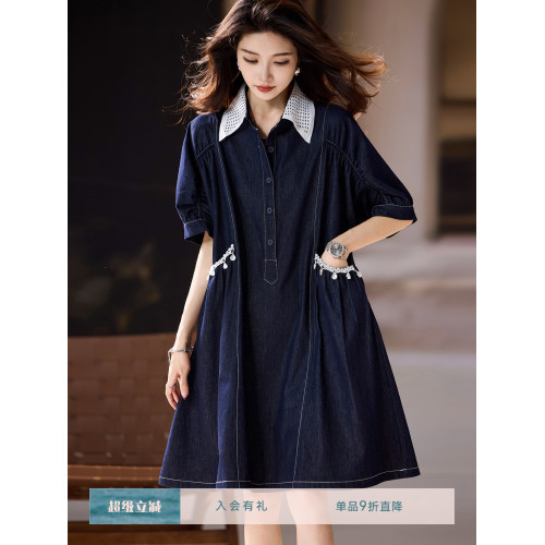 素木翻領拼接牛仔連衣裙女夏季2025年新款寬松裙子歐洲站大碼女裝