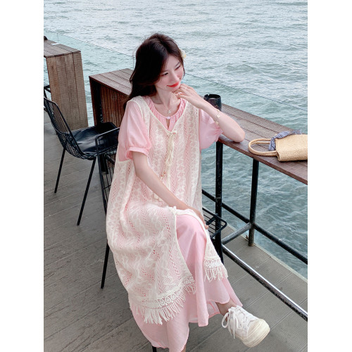 巨好看甜美減齡粉色鏤空罩衫曡穿連衣裙套裝女夏季新款裙子兩件套