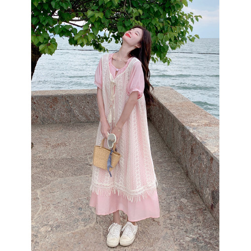 巨好看甜美減齡粉色鏤空罩衫曡穿連衣裙套裝女夏季新款裙子兩件套