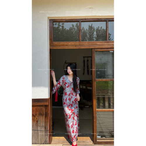 【朝花夕拾】HL棉綢夏季短袖氣質國風女神寬松時尚顯瘦長款連衣裙