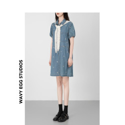 WAVY EGG波浪蛋連衣裙套裝夏季女牛仔襯衫裙蕾絲鏤空披肩兩件套