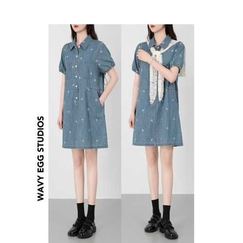 WAVY EGG波浪蛋連衣裙套裝夏季女牛仔襯衫裙蕾絲鏤空披肩兩件套