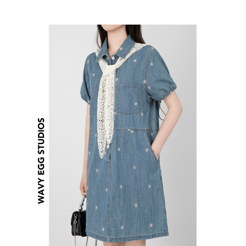 WAVY EGG波浪蛋連衣裙套裝夏季女牛仔襯衫裙蕾絲鏤空披肩兩件套