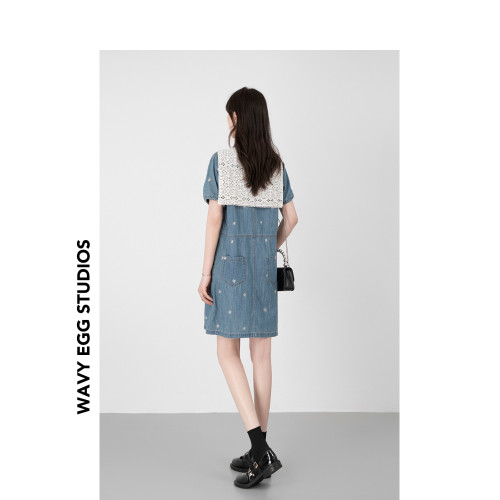 WAVY EGG波浪蛋連衣裙套裝夏季女牛仔襯衫裙蕾絲鏤空披肩兩件套