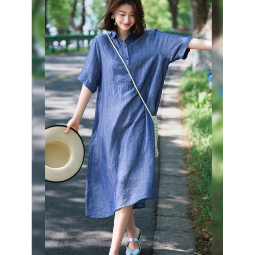 小耳出品【寵粉】重磅色織亞麻/絲光感萊賽爾 襯衫領連衣裙女