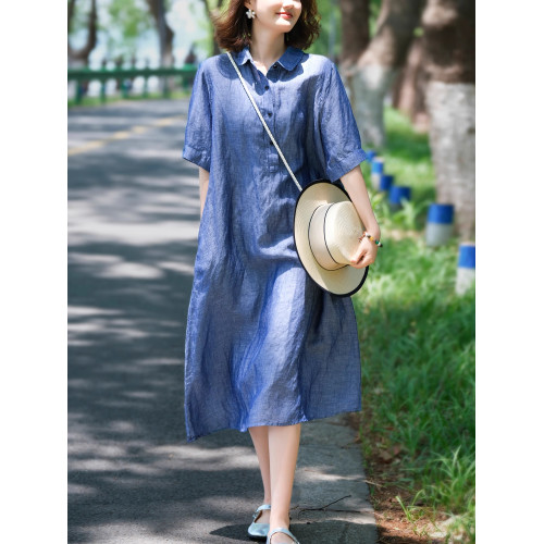 小耳出品【寵粉】重磅色織亞麻/絲光感萊賽爾 襯衫領連衣裙女