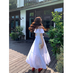 夏季法式兩穿一字肩天絲打攬松緊腰吊帶連衣裙女中長款a字度假裙