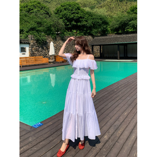 夏季法式兩穿一字肩天絲打攬松緊腰吊帶連衣裙女中長款a字度假裙