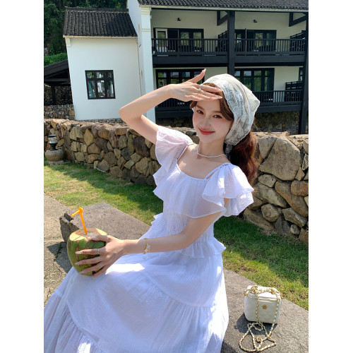 夏季法式兩穿一字肩天絲打攬松緊腰吊帶連衣裙女中長款a字度假裙