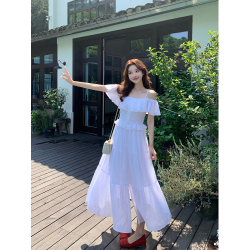 夏季法式兩穿一字肩天絲打攬松緊腰吊帶連衣裙女中長款a字度假裙