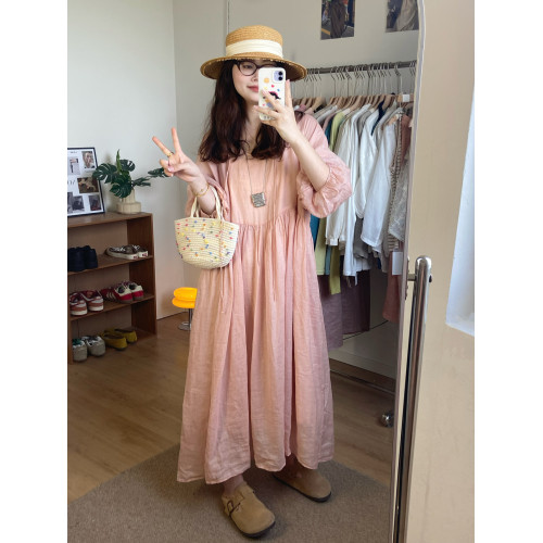 拾光者 日系簡約慵懶風藕粉色苧麻連衣裙女 寬松顯瘦溫柔復古長裙