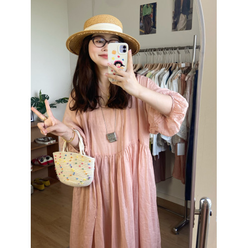 拾光者 日系簡約慵懶風藕粉色苧麻連衣裙女 寬松顯瘦溫柔復古長裙